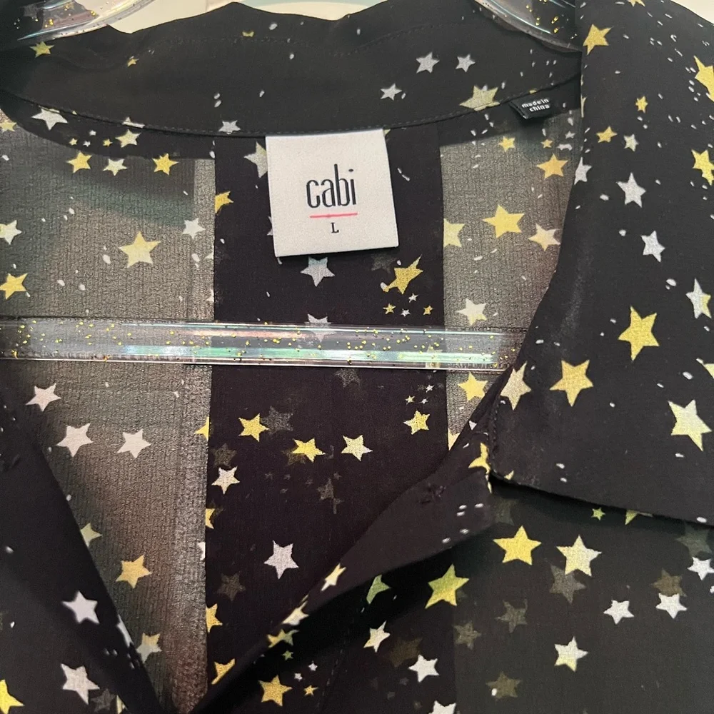 CAbi Galaxy Black Sheer Blouse with Gold Star Pattern - Picture 5 of 5